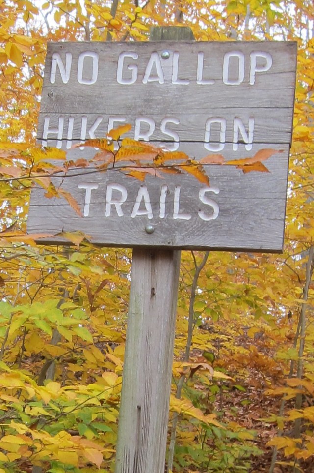 The adventure started with a sign:  "No Gallop Hikers on Trails."